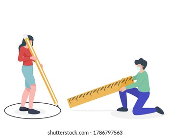 Social distancing, Men and women wearing medical face mask holding pencil and ruler, keep distance for 2 centimeters, health protection, new normal, vector illustration