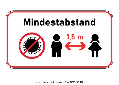 social distancing - minimum distance sign (with german text) - with corona virus, boy and girl