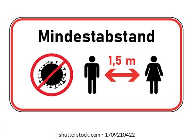 distanciamiento social - signo de distancia mínima (con texto alemán) - con virus de la corona, mujer y hombre