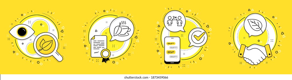 Distanciamiento social, hojas de menta e íconos de la línea de té de la Casa de la Moneda. Iconos de licencias, teléfonos celulares y vectores de operaciones. Leaf. Cuarentena, hierbas de Mentha, bebidas de Mentha. Ambiental. Equipo de salud. Vector