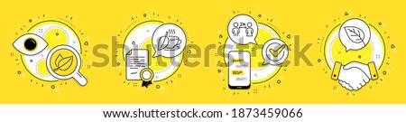 Social distancing, Mint leaves and Mint tea line icons set. Licence, cell phone and deal vector icons. Leaf sign. Quarantine, Mentha herbal, Mentha beverage. Environmental. Healthcare set. Vector Foto d'archivio © 