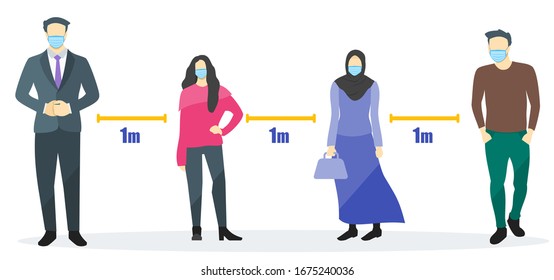 Social Distancing Movement During Coronavirus COVID-19 Pandemic Epidemic Outbreak. An Effort to Stop or Slow Down Spread of Novel Corona Virus Vector. With People Young Man & Woman Wears Surgical Mask