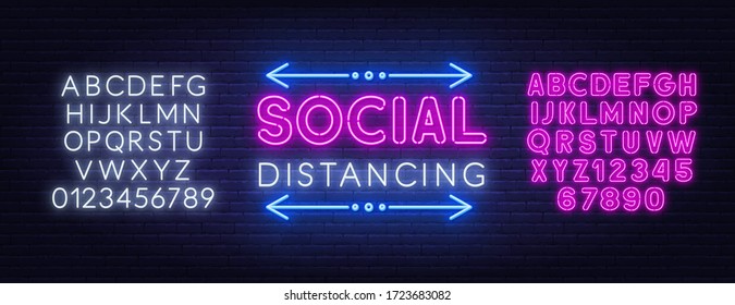 Social Distancing Neon Sign On Brick Wall Background.