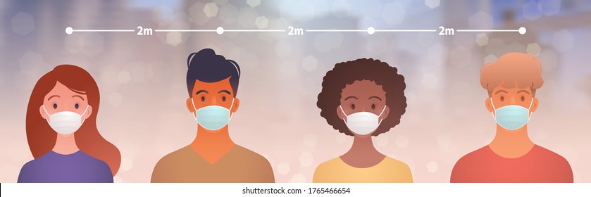 Social distancing, new normal concept. People with different types of races wearing masks and keep their distance 2 meters away against bokeh city background. Conceptual vector illustration.