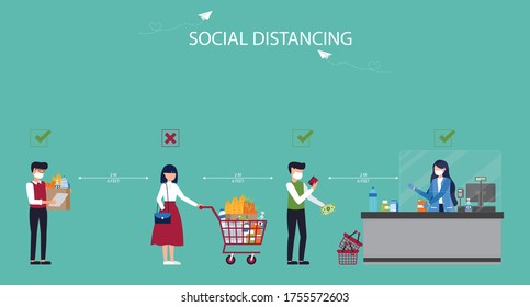 Social distancing and New normal concept,Vector illustration of Man and Woman wearing face mask maintain social distancing with keep distance 2 meters and queuing in line for payment in supermarket