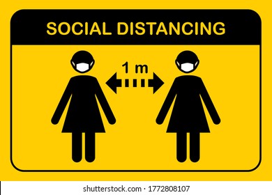 Social distancing and New normal  concept.Women in medical masks protection from corona virus covid 19.People keep safe distance queue 1 meter in shopping mall.Sign and symbol icon vector Illustration