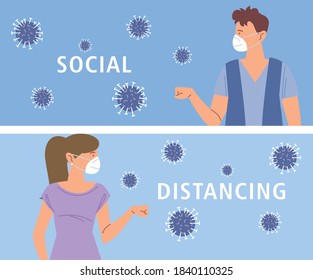 distanciamiento social, nuevos gestos normales de saludo entre personas, durante el coronavirus covid 19 ilustración vectorial