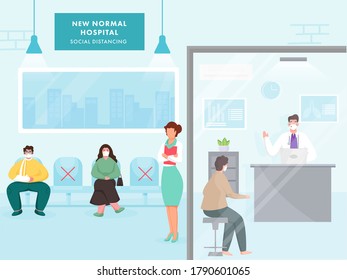 Social Distancing In New Normal Hospital With Medical Staff And Patient Wearing Protective Mask To Prevent From Coronavirus.