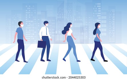 Social distancing and new normal. Pedestrian wearing face mask crossing crosswalk to prevent from covid-19 coronavirus outbreak vector illustration