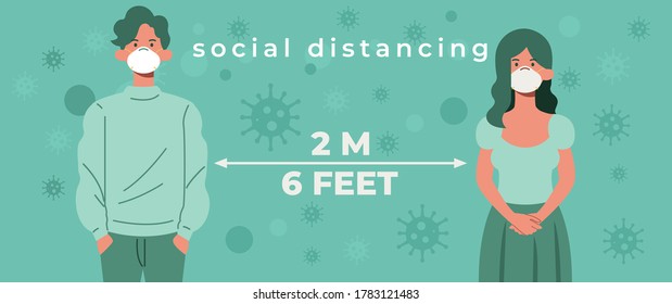 Social distancing new normal. Young man and woman with medical masks and keep their distance to prevent coronavirus or covid19. Vector illustration in a flat style