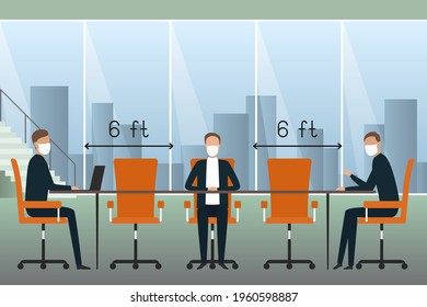 Social Distancing In Office 6 Feet. Colleagues Working In Masks. Vector Illustration.