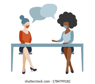 Social Distancing, Office Workers Wearing Medical Masks In The Office During A Meeting, Vector Illustration