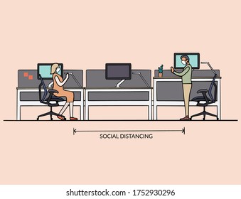 Social distancing at office workplace desks. Man and woman colleague employees wearing face mask greet each other and talk. Protect and prevent from covid-19 coronavirus