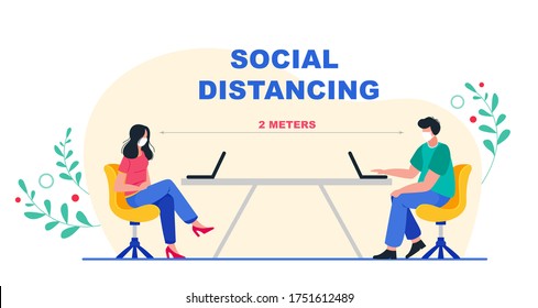 Social distancing at office workplace. Keep the 2 meter distance. New normal lifestyle in job. Vector illustration.