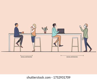 Social distancing at office workplace pantry room. Man and woman employees maintain distance during working and talking to prevent and protect from covid-19 coronavirus