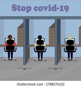 Social distancing at office workstation. Employees are working together on desk with maintaining distance for covid 19 virus. Vector illustration