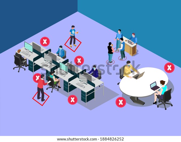 Social distancing at office workstation. Employees are\
maintain distance during work at workstation. Safety awareness of\
covid-19 virus. Vector illustration of people are working on a desk\
.   