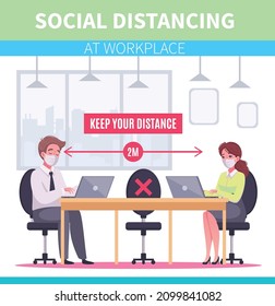 Social distancing at office workstation vector concept. Vector illustration of office signage.