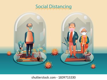 Social distancing, Old people keep distance and avoid physical contact, wearing a surgical protective Medical mask, handshake or hand touch to protect from COVID-19 coronavirus spreading concept