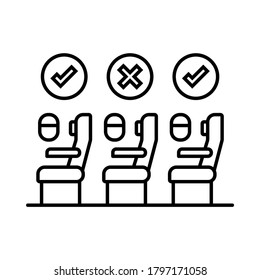 Social distancing on airplane. Coronavirus prevention. Simple design. Line vector. Isolate on white background.