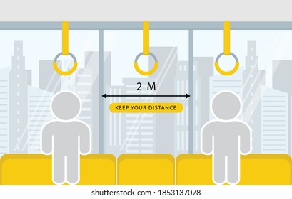 Social distancing on the bus, Please Keep Your Distance to people to leave 2 meters between each other. Coronavirus epidemic protection concept.