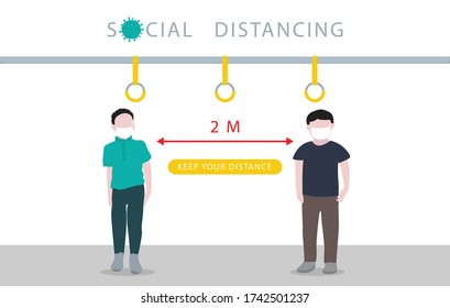 Social distancing on the bus,Please Keep Your Distance to people to leave 2 meters between each other.Coronovirus epidemic protective.