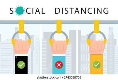 Social distancing on the bus,Please Keep Your Distance to people to leave 2 meters between each other.Coronovirus epidemic protective.