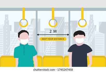 Social distancing on the bus,Please Keep Your Distance to people to leave 2 meters between each other.Coronovirus epidemic protective.