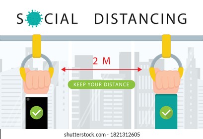 Social distancing on the bus,Please Keep Your Distance to people to leave 2 meters between each other.Coronovirus epidemic protective.