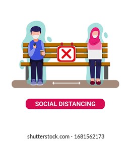 Social Distancing on public area, people sitting and keeping distance for infection risk and disease in flat illustration vector isolated in white background