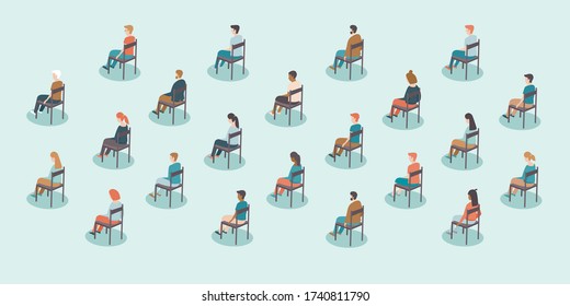 Distancia social en eventos públicos tras brotes de pandemia de coronavirus COVID-19. Gran reunión. Gente sentada a distancia unos de otros. Ilustración vectorial plano de concepto