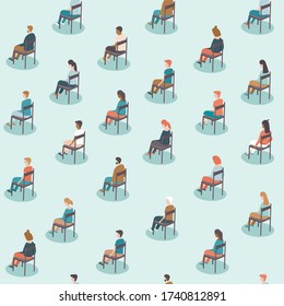 Social distancing on public events after coronavirus COVID-19 disease pandemic oubreak. Large gathering. People sitting with distance from each other. Concept Flat vector seamless pattern