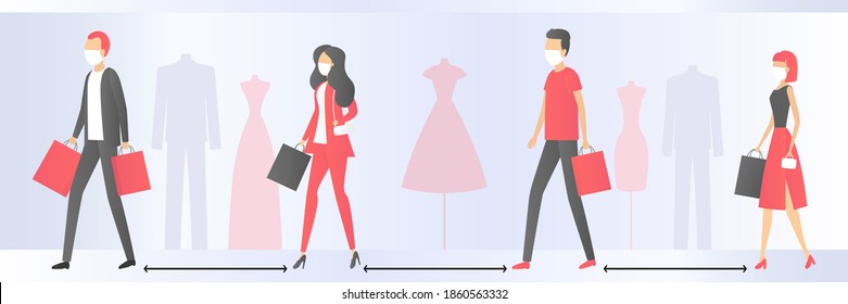 Social distancing on shopping. Poster. Vector illustration.