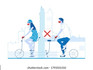 Social distancing on transport. Two people riding a three-seater tandem with an empty space between them. Limited color flat vector illustration.