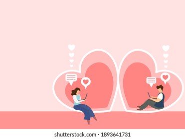 social distancing on valentine 's day in covid-19 crisis. the couple stay alone and use mobile phone and social media to contact with their other half. 