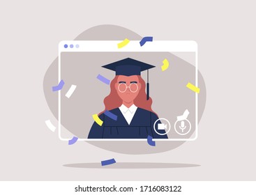 social distancing, online education, self isolated female student attending a Graduation 2020 ceremony via video call