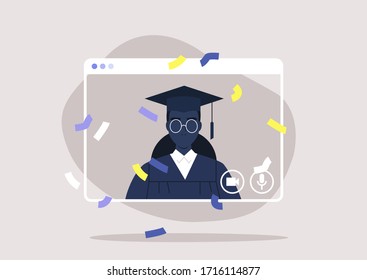 social distancing, online education, self isolated black female student attending a Graduation 2020 ceremony via video call