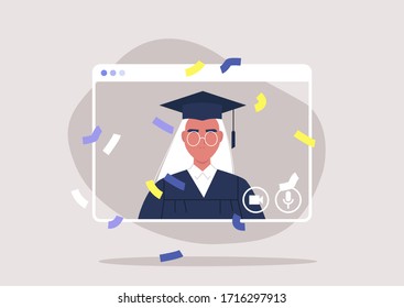 social distancing, online education, self isolated female student attending a Graduation 2020 ceremony via video call