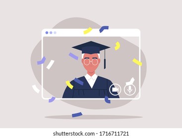 social distancing, online education, self isolated student attending a Graduation 2020 ceremony via video call