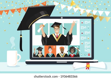 Social distancing, online education, self isolated , quarantined diverse students attending Graduation ceremony 2021 via video call at laptop. Happy young people celebrating successful achievement