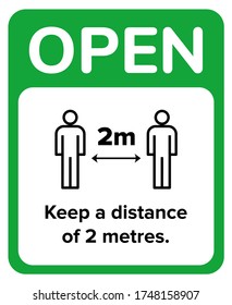 Social distancing open shop store sign for Coronavirus Covid-19 outbreak pandemic. We're open typography with 2m metre distance infographic icon illustration