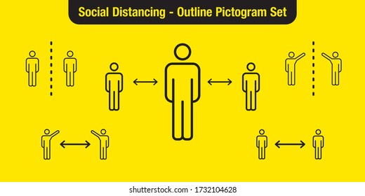 El distanciamiento social. Conjunto de pictogramas de contorno. Las figuras humanas se mantienen distantes unas de otras. Conjunto de signos de separación. Límite de espacio personal. Vector. Flecha. Prevención de enfermedades. Pandemia.