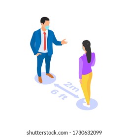 Social Distancing. People Communicate With Each Other At A Safe Distance. Prevention Of The Spread Of Coronavirus Infection COVID - 19. Vector Isometric Illustration.