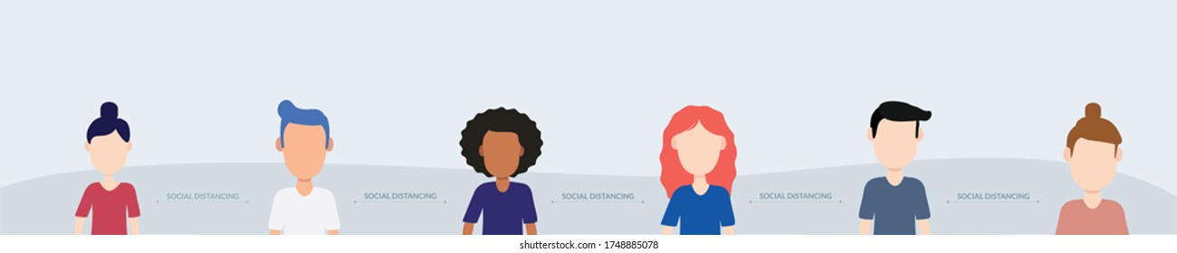 Social distancing people different ethnic. safety clearance distance for coronavirus COVID-19. Vector flat people illustration.