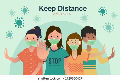 Social Distancing. People in green medical mask for prevent virus. People in keeping distance for infection risk. Covid-19. Vector illustration in a flat style. 