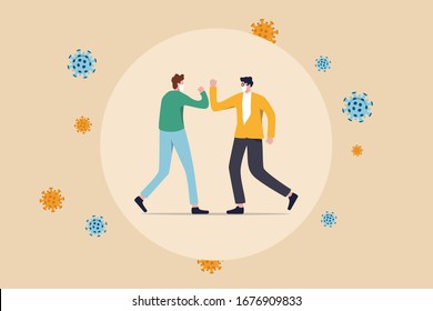 Social distancing, people keep distance and avoid physical contact, handshake or hand touch to protect from COVID-19 coronavirus spreading concept, people bump arm or elbow bump with virus pathogens