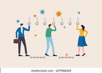 Social distancing, people keep distance in public transportation to protect from COVID-19 coronavirus outbreak spreading concept, people keep distance away in the train or bus with virus pathogens