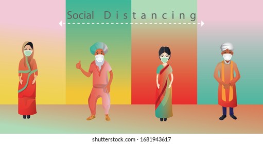 Social Distancing, People keep distance for infection risk and disease, male and female indian wear a surgical protective Medical mask for prevent virus Covid-19 Corona virus novel Health care concept