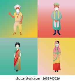 Social Distancing, People keep distance for infection risk and disease, male and female indian wear a surgical protective Medical mask for prevent virus Covid-19 Corona virus novel Health care concept