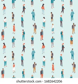 Social distancing. People keep distance from each other in public place. Flat vector seamless pattern